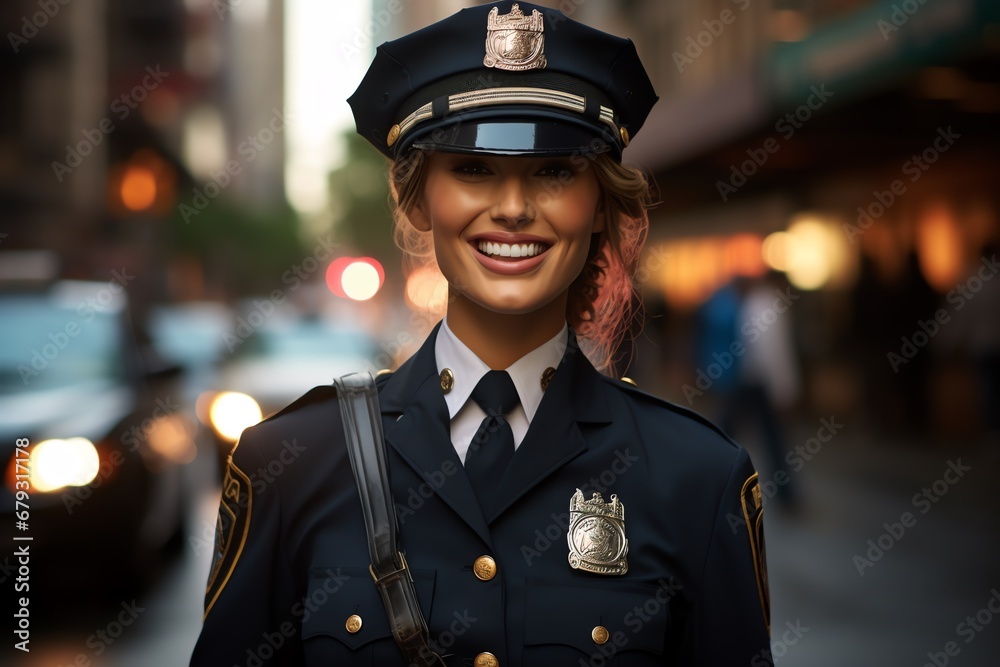 Portrait of a smiling police woman in an American uniform on the street USA Portrait of a smiling police woman in an American uniform on the street USA