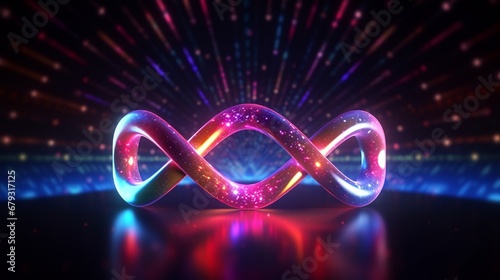 An abstract background with an infinity sign is made up of digital neon shapes. It would be perfect for use in a variety of projects, such as websites, presentations, or even as a piece of art.