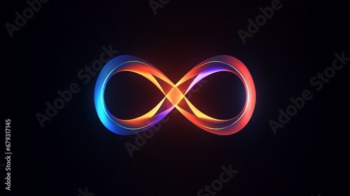 An abstract background with an infinity sign is made up of digital neon shapes. It would be perfect for use in a variety of projects, such as websites, presentations, or even as a piece of art.