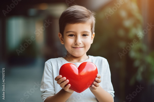 Little boy holding red heart in hands. Love, help, social responsibility, donation, charity, volunteering, gratitude, appreciate, world heart day, giving Tuesday concept photo