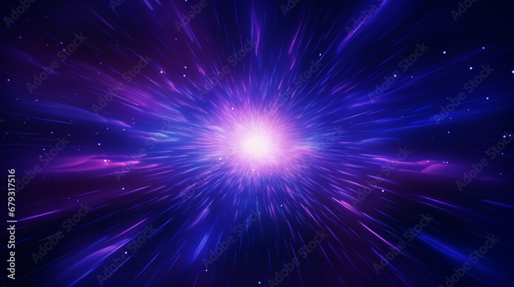 Explosion in universe. Cosmic background for event, party, carnival, celebration, anniversary or other. Abstract background in blue and purple neon glow colors. Speed of light in galaxy. Vector.