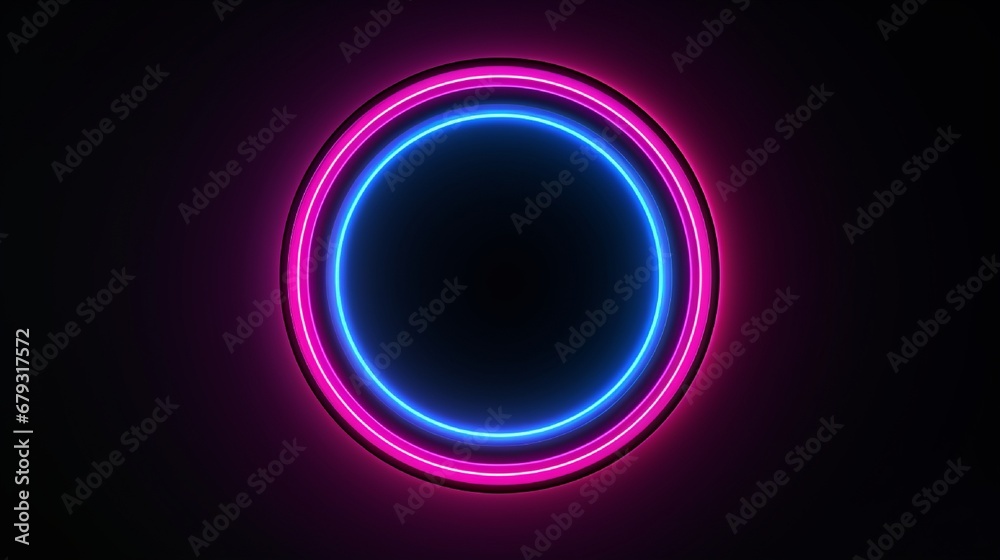 Glowing neon circles on dark background. 3D illustration. Pink and blue design trend