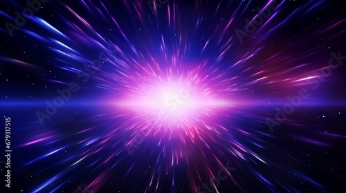 Explosion in universe. Cosmic background for event, party, carnival, celebration, anniversary or other. Abstract background in blue and purple neon glow colors. Speed of light in galaxy. Vector.