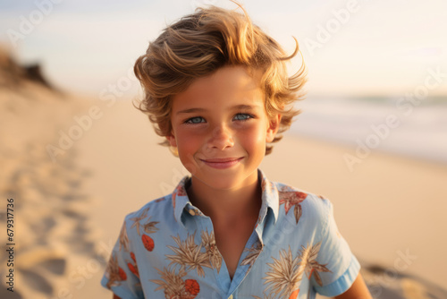 Cute little boy posing on beach during sunset. Portrait of happy smiling Caucasian boy with blonde hair on summer vacations