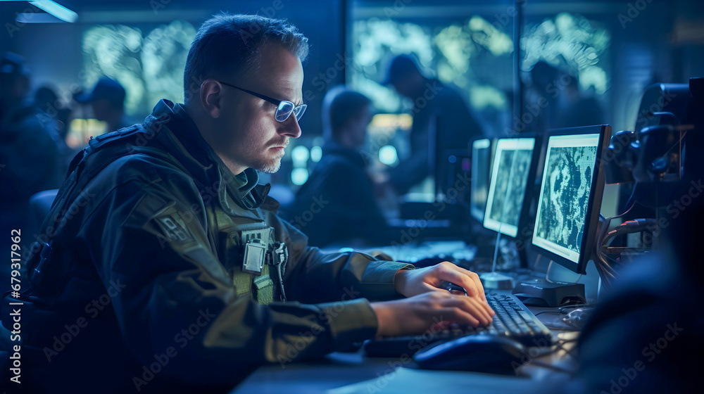 Military working in computer, tracking operation