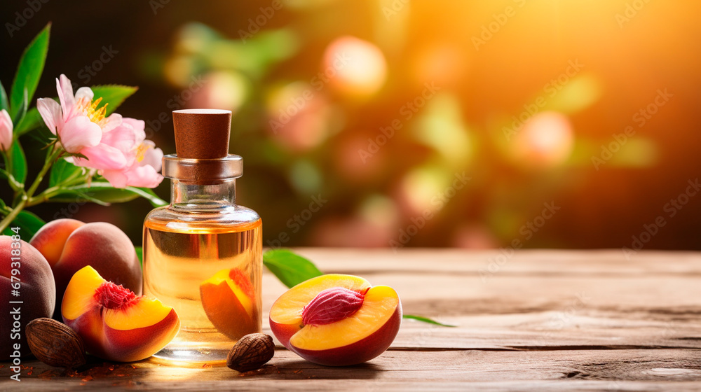 peach seed oil in a bottle. Generative AI, peach seed oil in a bottle. Generative AI,