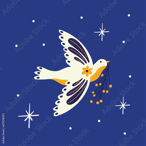 international world day of peace concept design, vector illustration with the symbol of peace white dove bird, mistletoe, plant, branch, non violence, no war, anti-war, human solidarity social media 