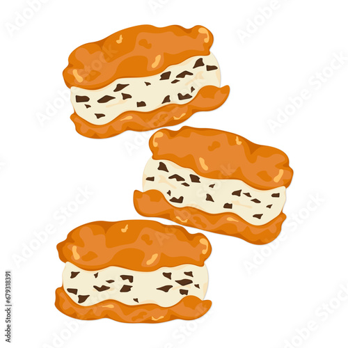 Vanilla Cream Puffs French dessert Fresh and delicious homemade desserts Vintage vector illustration. Isolated isolated on a white background.