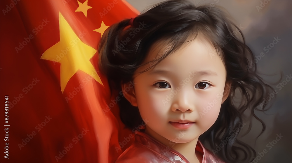 Photorealistic portrait of a Chinese little girl against national China flag background Photorealistic portrait of a Chinese little girl against national China flag background