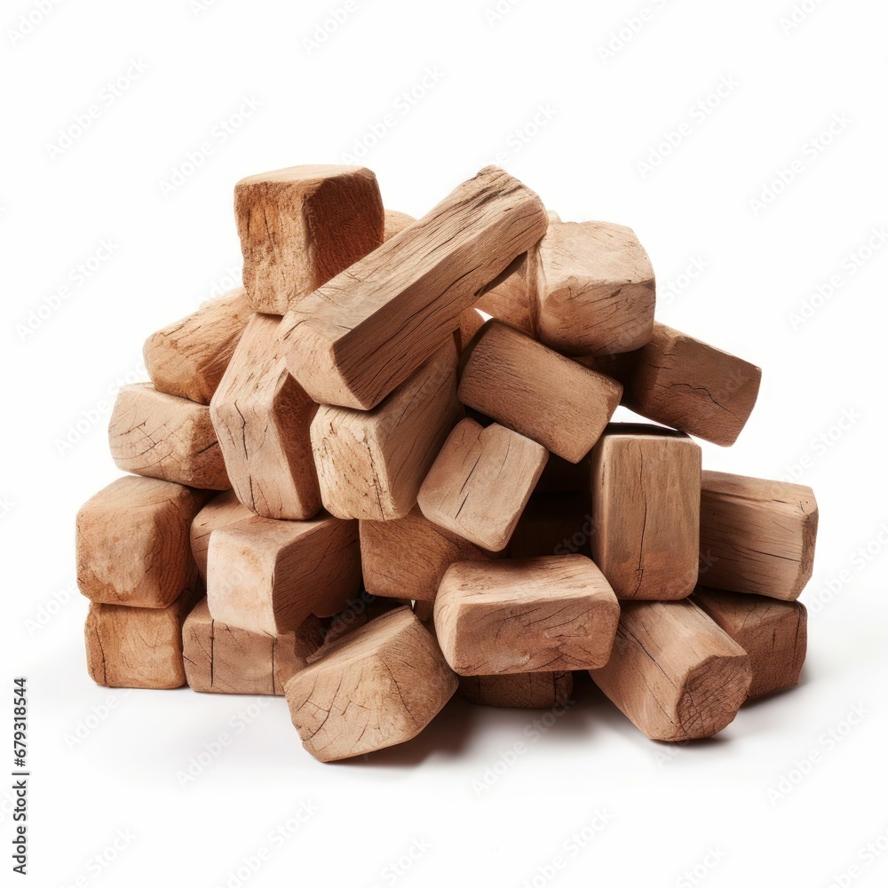 A pile of wooden blocks, cut cleanly, stacked haphazardly, light brown, smooth surface, isolated on a white background A pile of wooden blocks, cut cleanly, stacked haphazardly, light brown, smooth surface, isolated on a white background