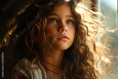 Girl with green eyes and tousled hair.