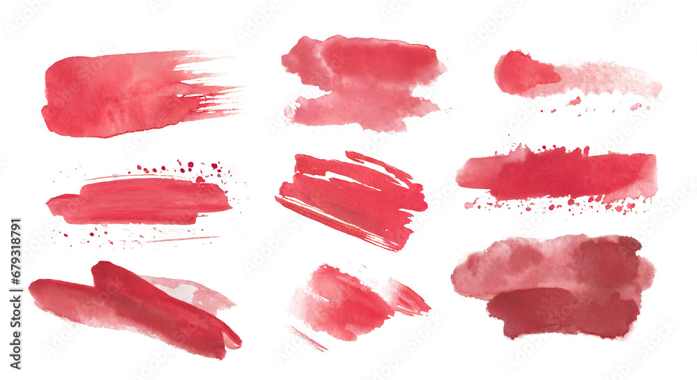 Set of vibrant red watercolor brushstroke textures, isolated on a transparent background. PNG, cutout, or clipping path.