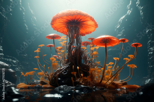 Orange mushrooms at the bottom of the sea