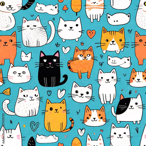 Seamless pattern with cats. Background for fabric, textile, wallpaper, posters, gift wrapping paper, napkins, tablecloths, pajamas. Print for kids, baby, children blue color