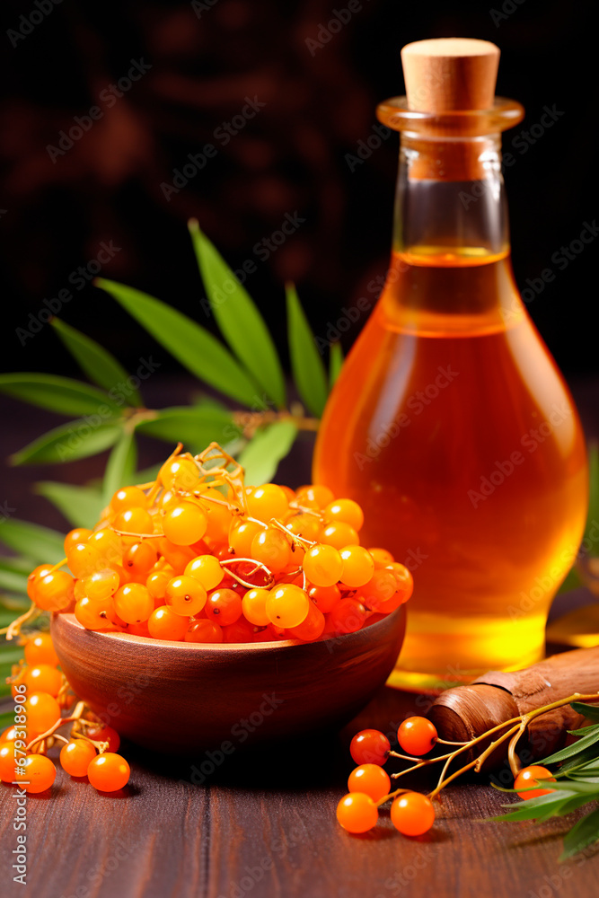 sea buckthorn oil in a bottle. Generative AI, sea buckthorn oil in a bottle. Generative AI,