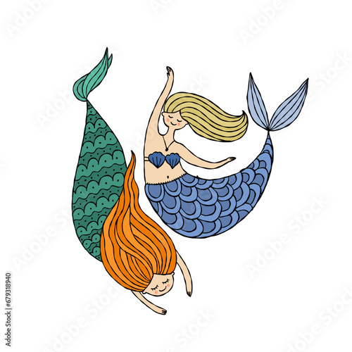 Cute mermaid friends, concept kids print, hand drawn art. Art for print - car...