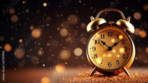 A radiant, golden alarm clock with a sparkling, starry background counting down to New Year's.