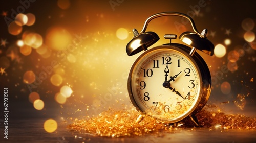 A radiant, golden alarm clock with a sparkling, starry background counting down to New Year's.