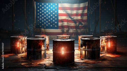 3d illustration - Oil barrels with bitcoin coins with oil wells, flaring texas flag burning natural gas in background - Instead of burning natural gas US senator wants it be used to mine bitcoins photo