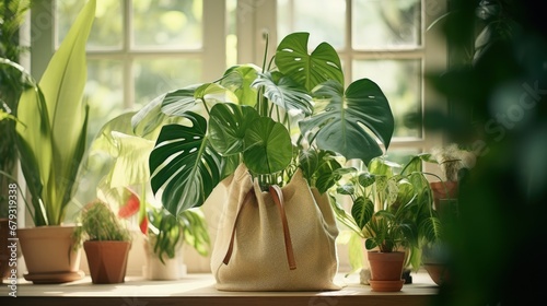 Houseplant domestic jungle garden organization fresh natural plant in pots variegated monstera at room. Home gardening tropical flower growing in paper bag basket placing on table floor with windows photo