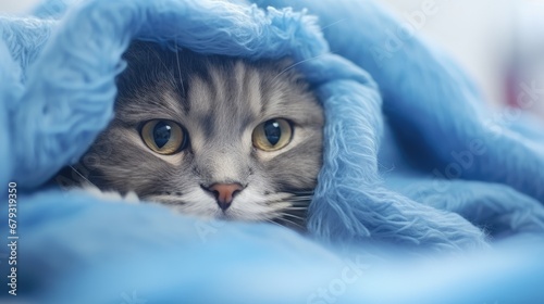 The sick cat lay weakly on the blue cloth, it gaze stared out in motion. Cat's Health Concept. Soft focus. photo