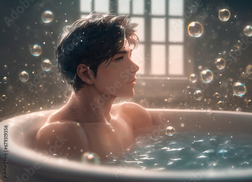 A handsome man takes a bath with soap bubbles
