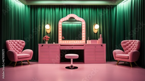 Classy pink beauty cosmetic makeup room or dressing fitting room backstage included light bulb mirrors desk, luxury pink curtain and green couch seat furniture decoration interior for celebrities photo