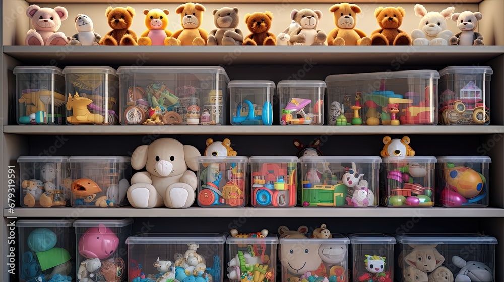 Transparent plastic containers with various children's toys on shelves. Organizing and Storage Ideas in nursery. Space organizing at childrens room. Toys sorting system. - obrazy, fototapety, plakaty 