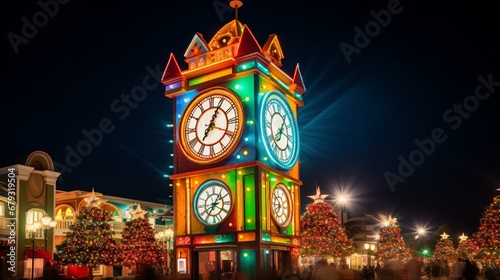 A festive and colorful clock tower adorned with lights, marking the arrival of the New Year.