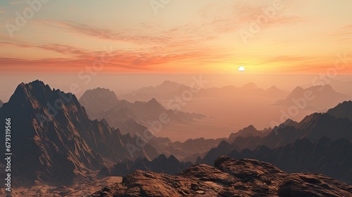 View from Mount Sinai at sunrise. Beautiful mountain landscape in Egypt. photo