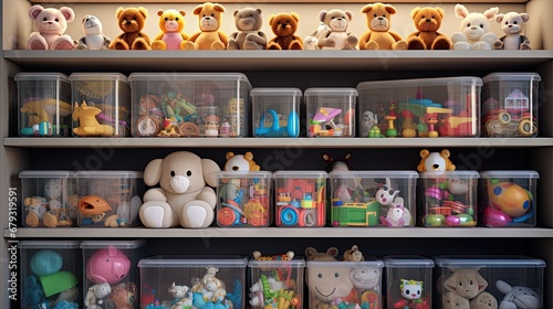 Transparent plastic containers with various children's toys on shelves. Organizing and Storage Ideas in nursery. Space organizing at childrens room. Toys sorting system. photo