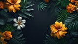 Creative nature layout made of tropical leaves and flowers. Flat lay. Summer concept.