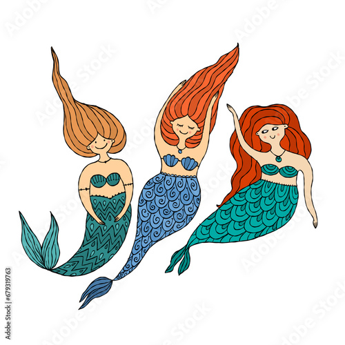 Cute mermaid friends, concept kids print, hand drawn art. Art for print - car...