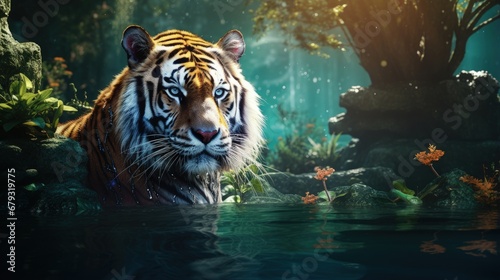 enchanted jungle lake landscape with tiger  can be used as wallpaper background