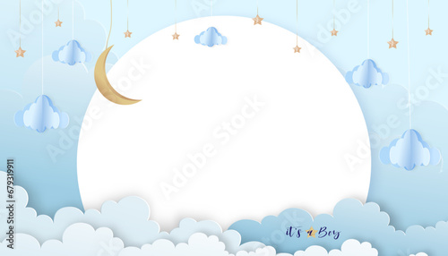 Baby shower card blue background,Paper cut abstract origami cloudscape,crescent moon and stars on blue sky,Vector illustration Cute paper art with copy space for baby' boy photos