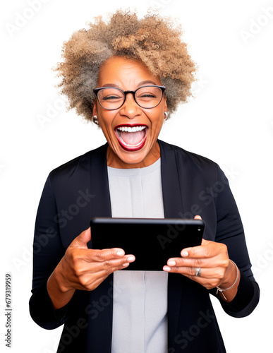 senior afro businesswoman excited happy holding tablet transparent background 