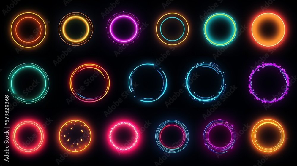 Set of glowing neon color circles round curve shapes isolated on black background technology concept. Circular light frame border. You can use for badges, price tag, label, elements, banner Set of glowing neon color circles round curve shapes isolated on black background technology concept. Circular light frame border. You can use for badges, price tag, label, elements, banner