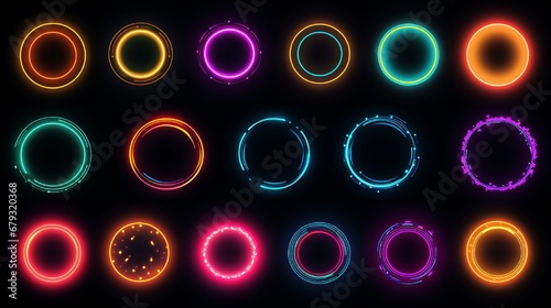 Set of glowing neon color circles round curve shapes isolated on black background technology concept. Circular light frame border. You can use for badges, price tag, label, elements, banner