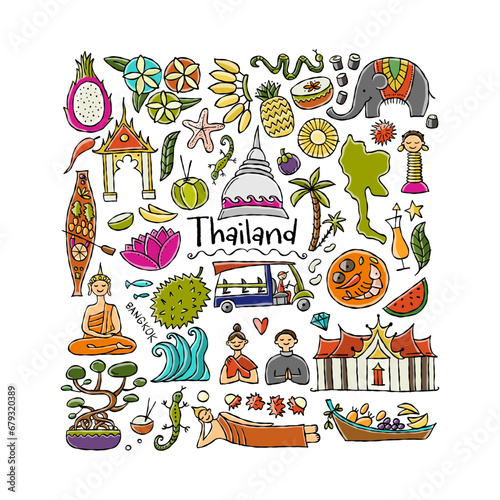 Travel to Thailand. Concept art design with Siam elements, map, people and la...
