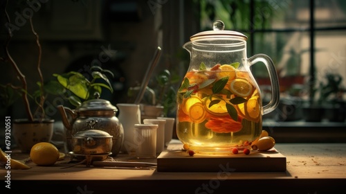 Fruit tea with peaches, mint and apples in a glass brewing kettle on the table.