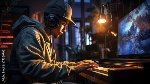 Photo of a teenager composing music on a digital audio workstation in a home studio setup with high-key lighting