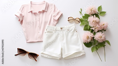 Feminine summer fashion composition with blouse, slippers, purse, sunglasses, watch, jean shorts on white background. Flat lay, top view minimalist clothes collage. Female fashion blog, social media. © HN Works