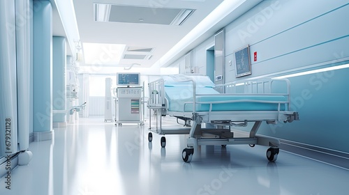 Long corridor with medical bed in modern hospital. 3D illustration