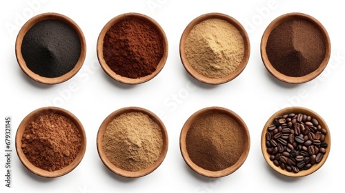 Flat lay of Different types of grinds coffee in wooden bowl isolated on white background. Clipping path. photo