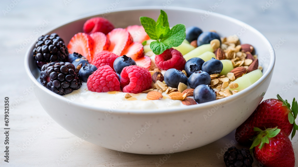 Porridge with berries in a bowl for breakfast. Generative AI, Porridge with berries in a bowl for breakfast. Generative AI,