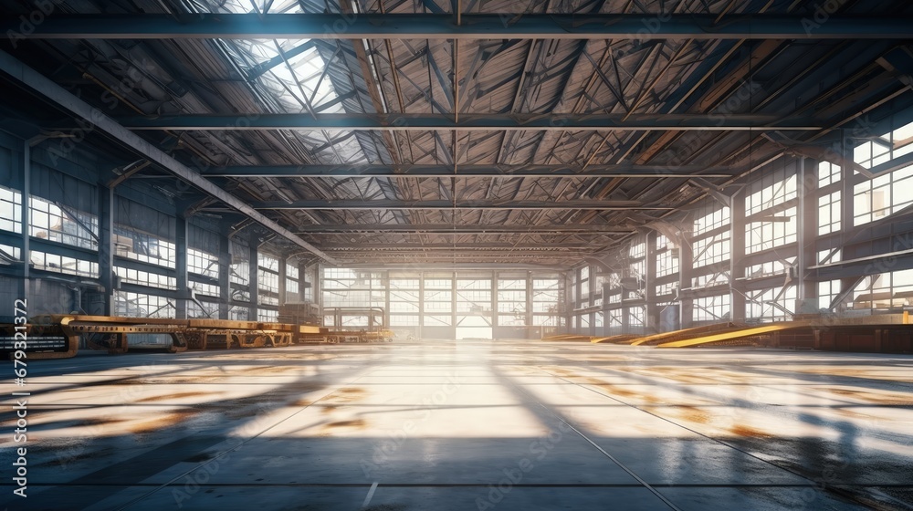 Steel construction factory building indoor general view as industrial 3D background. Own design 3D illustration.