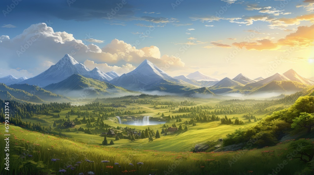 mountainous rural landscape at sunset. beautiful scenery with forests, hills and meadows in evening light. ridge with high peak in the distance. village in the distant valley mountainous rural landscape at sunset. beautiful scenery with forests, hills and meadows in evening light. ridge with high peak in the distance. village in the distant valley