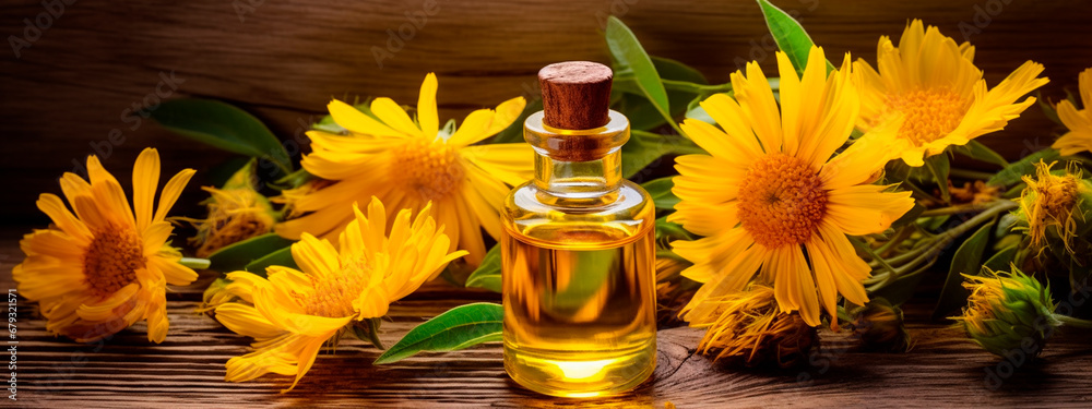 Grindelia essential oil on wooden background. Generative AI,