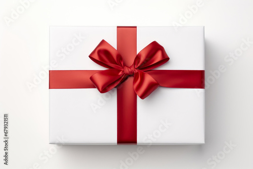 Unveiling a Blank White Gift Box with Vibrant Red Ribbon © Andrii 