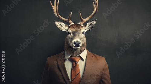 Deer in clothes with shiny horns. Business man in suit with tie with deer head. Graphic concept in vintage style.